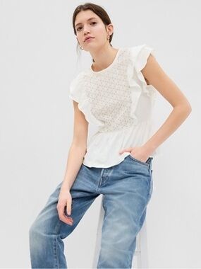 Gap Organic Cotton Vintage Lace Flutter Sleeve Peplum Top White Large L